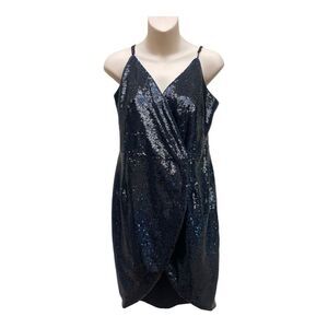 Venus Black Sparkly Sequin Wrap Dress Spaghetti Straps Sz 8 Cocktail V Neck EUC